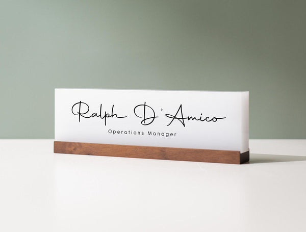 Personalized Acrylic Name Block (D2) - w/ Optional Wooden Base, Minimal Executive Desk CEO Sign, Job Office Decor Teacher Manager Gift