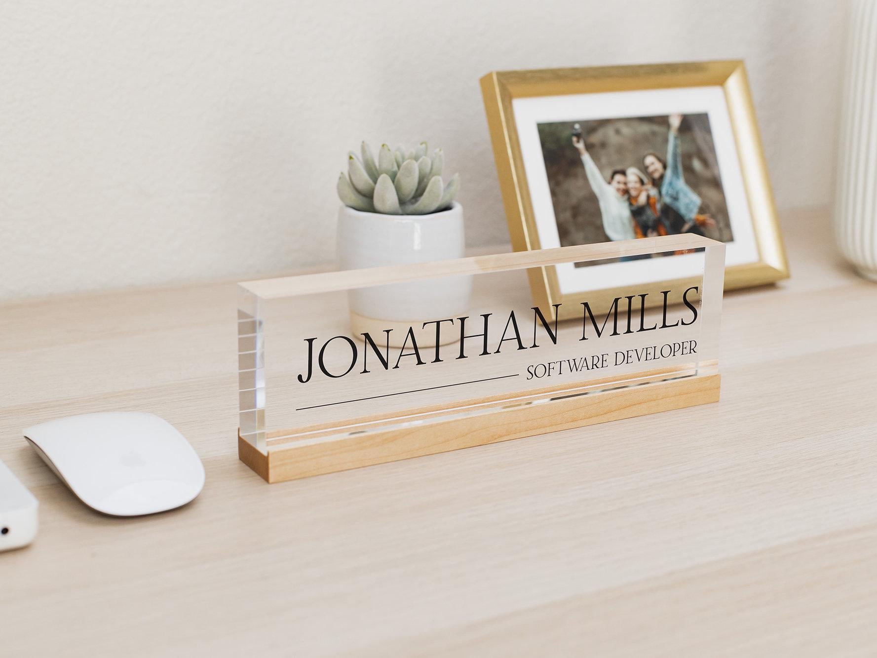 Personalized Acrylic Name Block (D7) - w/ Optional Wooden Base, Executive Desk CEO Sign, Job Office Decor or Promotion Gift