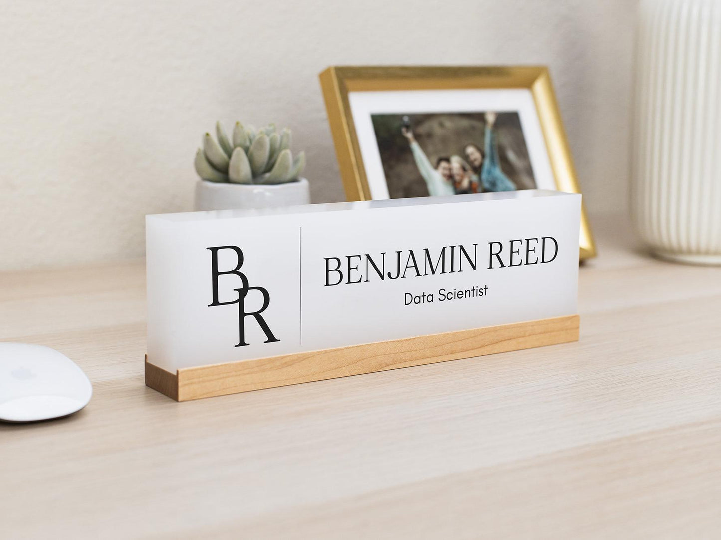 Personalized Acrylic Name Block (D8) - w/ Optional Wooden Base, Initials Monogram Executive Desk CEO Sign, Job Office Decor Promotion Gift
