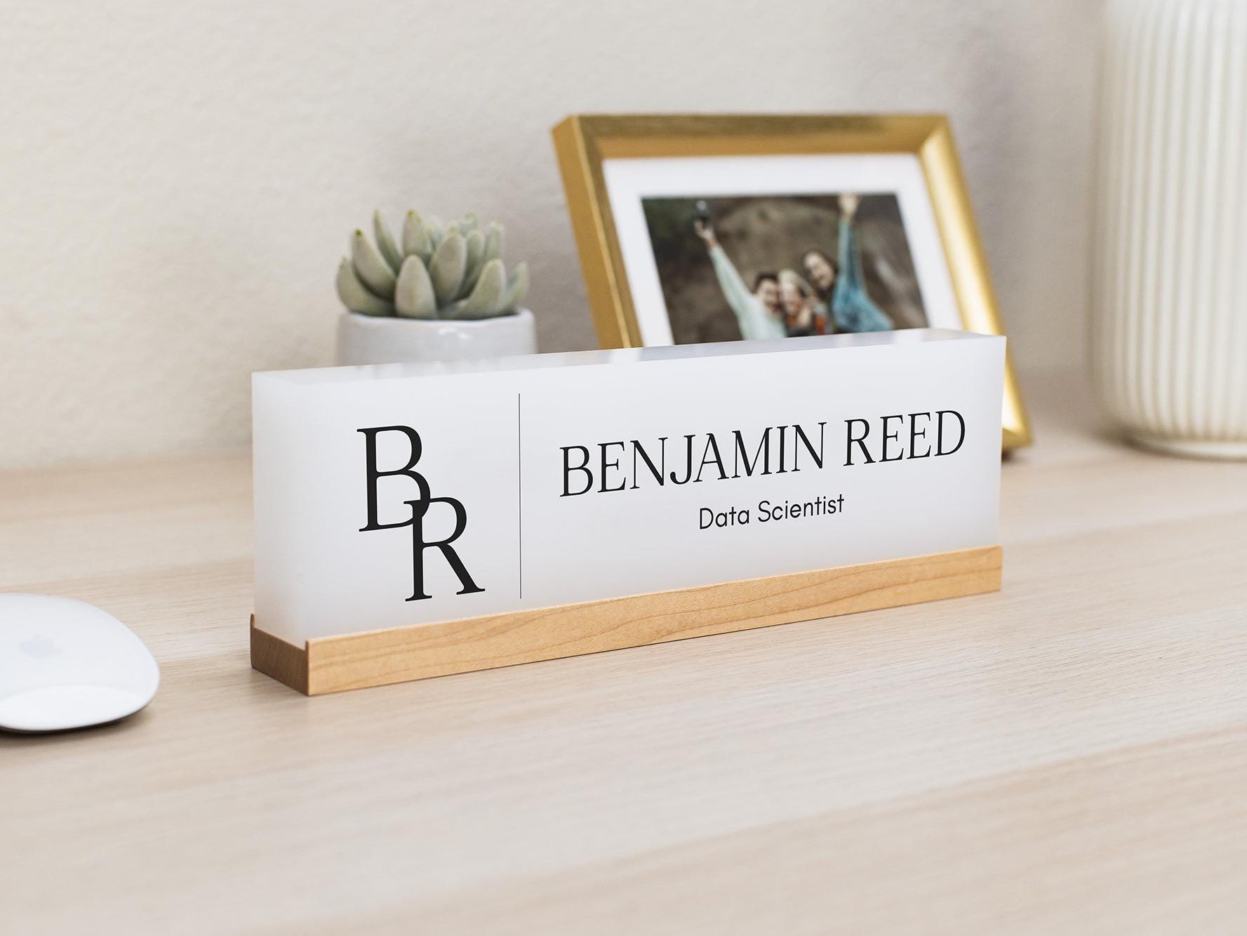 Personalized Acrylic Name Block (D8) - w/ Optional Wooden Base, Initials Monogram Executive Desk CEO Sign, Job Office Decor Promotion Gift