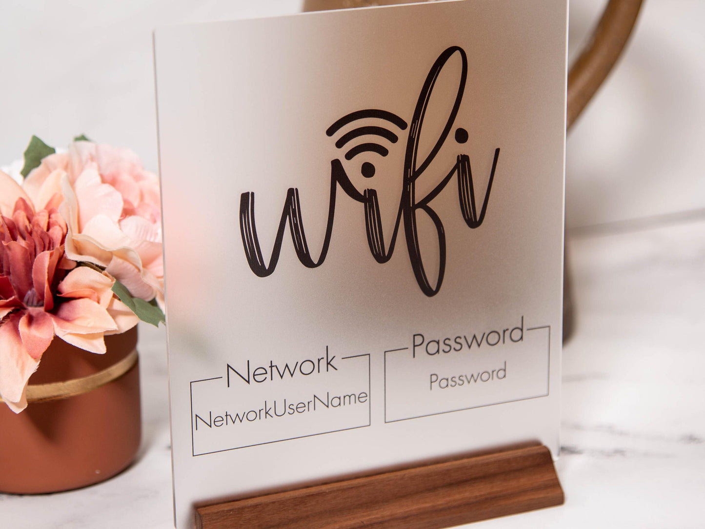 Wifi Password Acrylic Sign w/ Wood Base - 6.5 x 7.75" Standing Table Sign for Home & Airbnb Rental, Small Business Sign