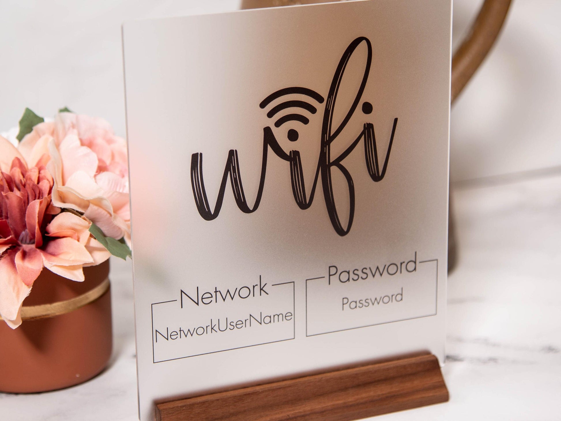 Wifi Password Acrylic Sign w/ Wood Base - 6.5 x 7.75" Standing Table Sign for Home & Airbnb Rental, Small Business Sign