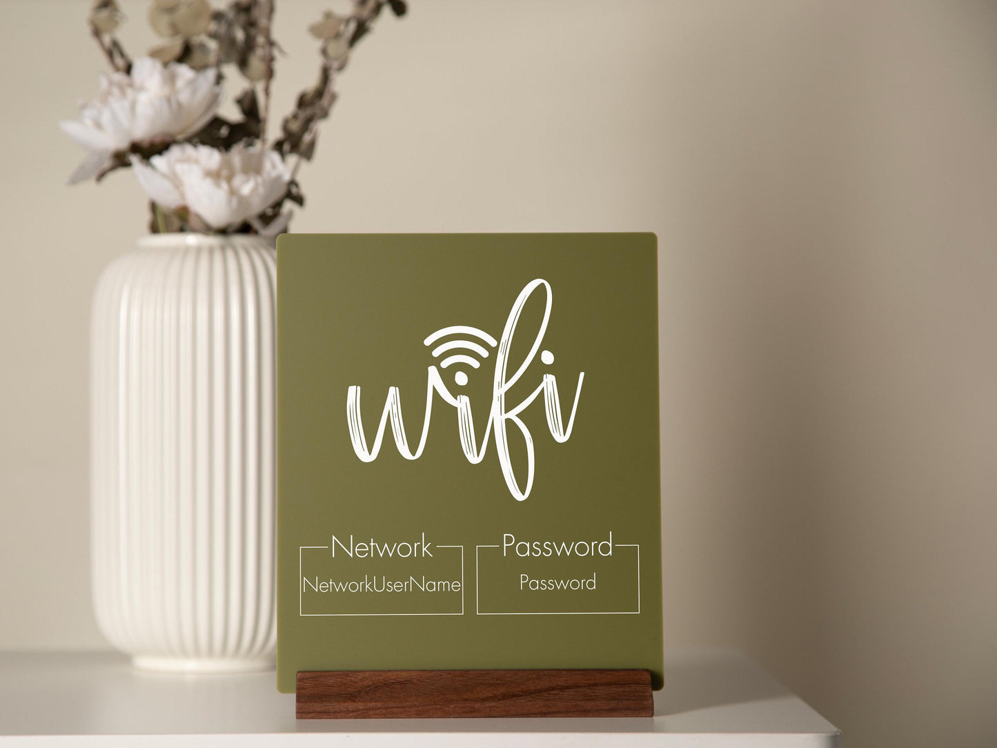Wifi Password Acrylic Sign w/ Wood Base - 6.5 x 7.75" Standing Table Sign for Home & Airbnb Rental, Small Business Sign