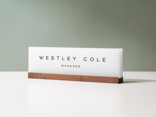 Personalized Acrylic Name Block (D3) - w/ Optional Wooden Base, Minimal Executive Desk CEO Sign, Job Office Decor, Teacher or Promotion Gift