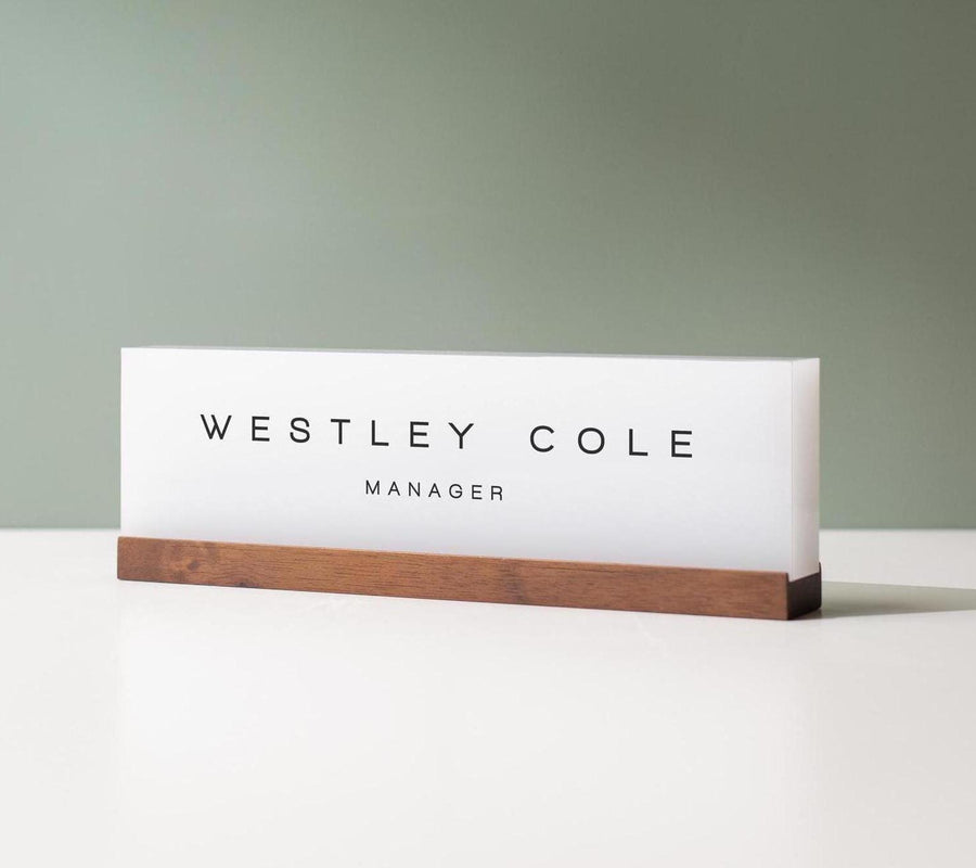 Personalized Acrylic Name Block (D3) - w/ Optional Wooden Base, Minimal Executive Desk CEO Sign, Job Office Decor, Teacher or Promotion Gift