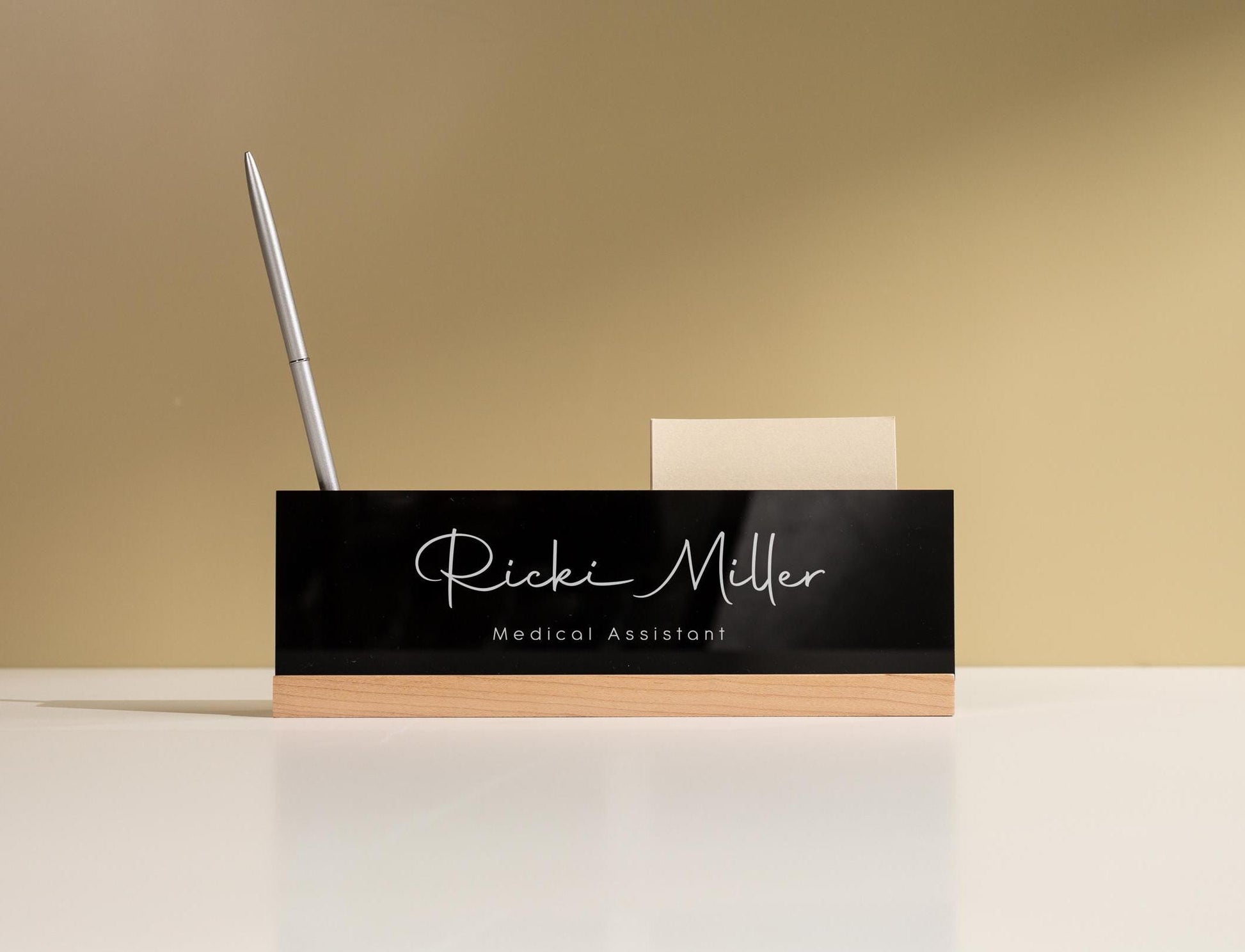 Personalized Acrylic Name Block w/ Slots (D2) - Optional Wood Base, Minimal Executive Teacher Desk Decor, New Job, Desk Name Plate