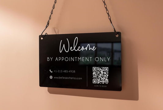 Hanging Acrylic Sign & Black Metal Chain (D12) - 11.5x7" Custom Welcome Sign Window Office Business Info Door Wall, QR Code Market Craft