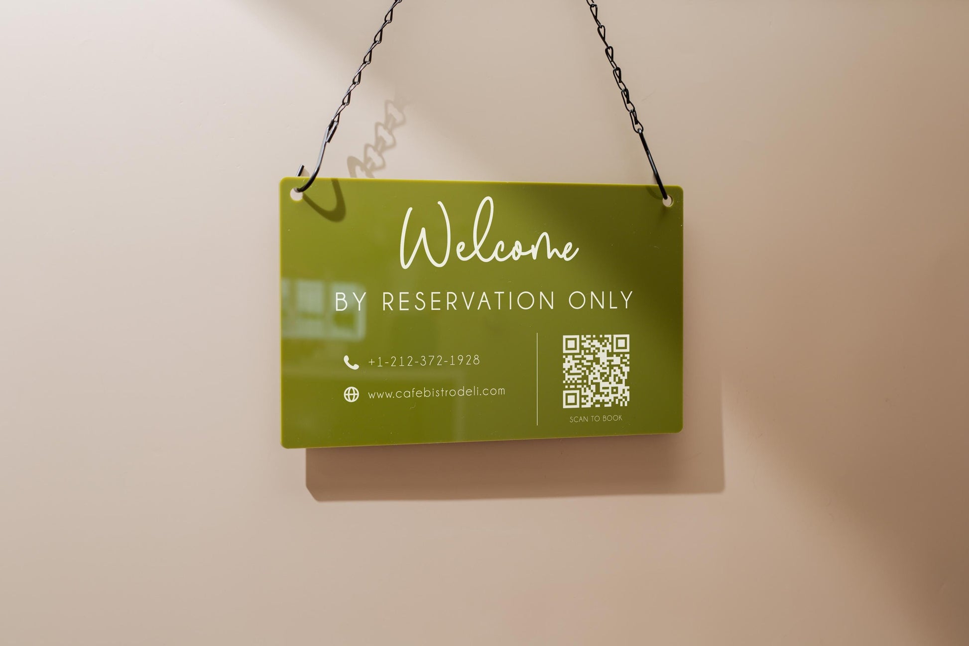 Hanging Acrylic Sign & Black Metal Chain (D12) - 11.5x7" Custom Welcome Sign Window Office Business Info Door Wall, QR Code Market Craft