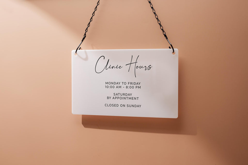 Store Hours Acrylic Sign & Black Hanging Chain- 11.5x7" Custom Signs for Office Door Small Business Hours, Spa Salon Bar Tea Coffee Shop