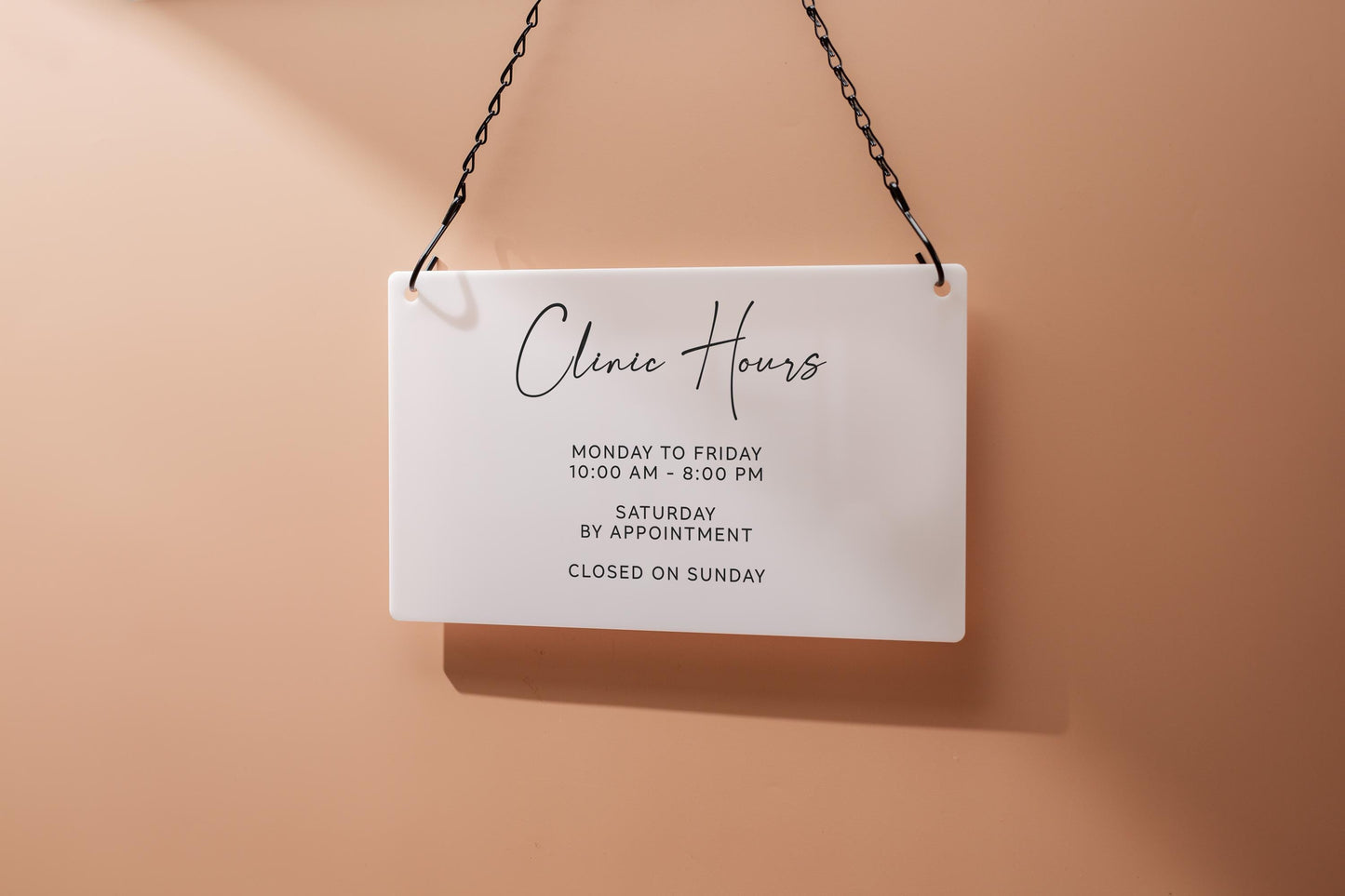 Store Hours Acrylic Sign & Black Hanging Chain- 11.5x7" Custom Signs for Office Door Small Business Hours, Spa Salon Bar Tea Coffee Shop