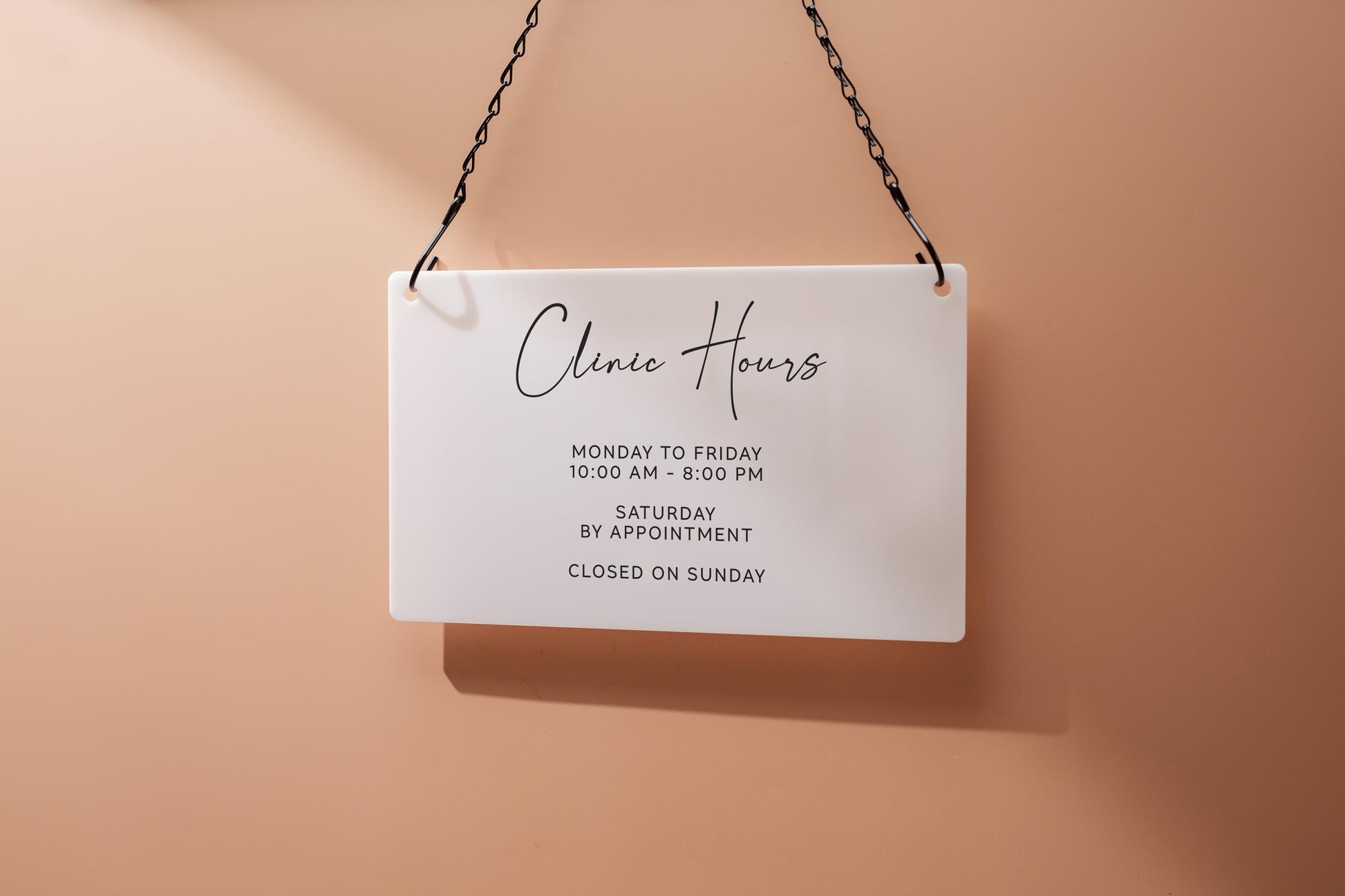 Store Hours Acrylic Sign & Black Hanging Chain- 11.5x7" Custom Signs for Office Door Small Business Hours, Spa Salon Bar Tea Coffee Shop