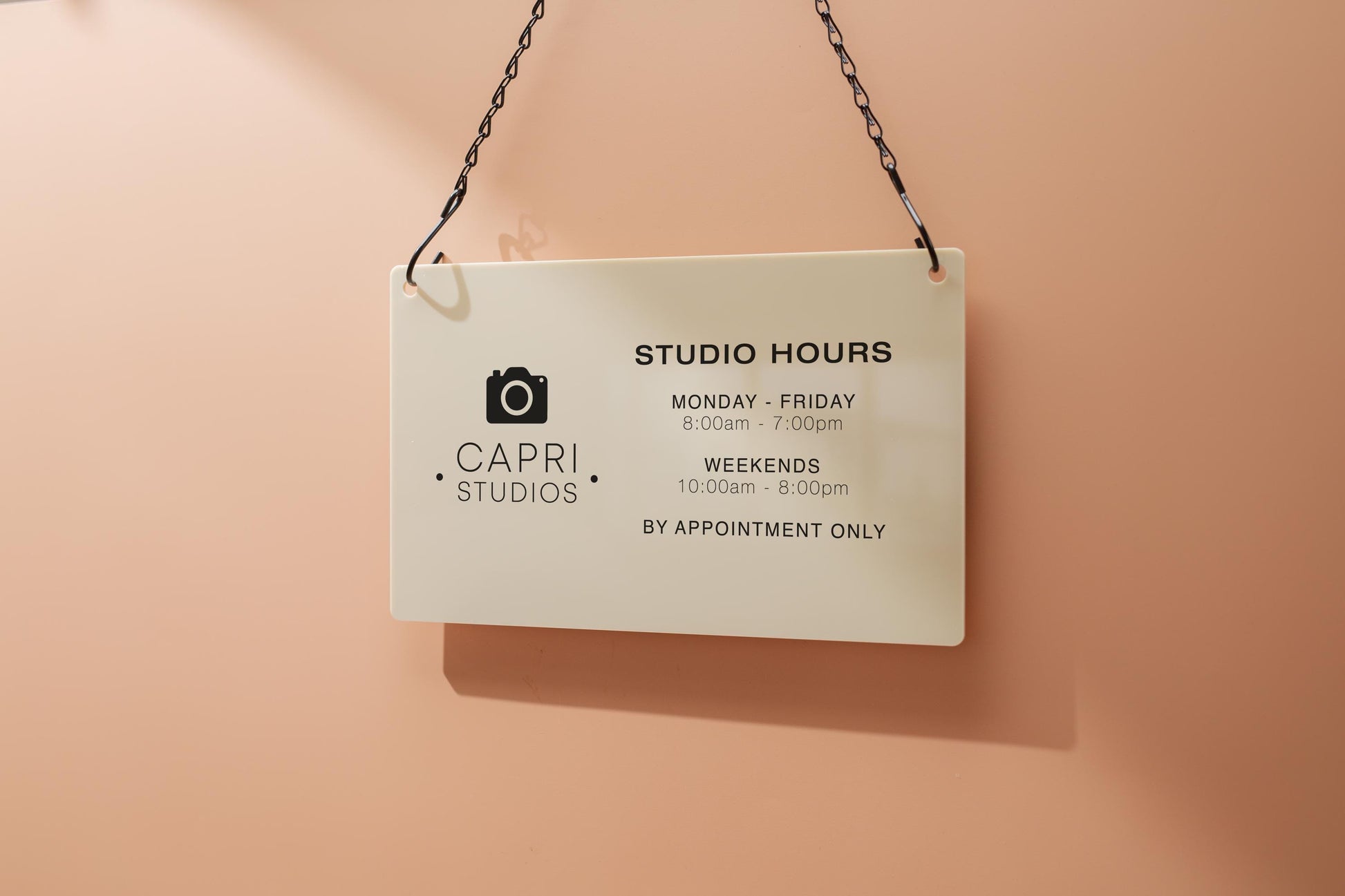 Store Hours w/ Logo Acrylic Sign & Black Hanging Chain - 11.5x7" Custom Sign for Medical Office Boutique Store Window Door Business Hours