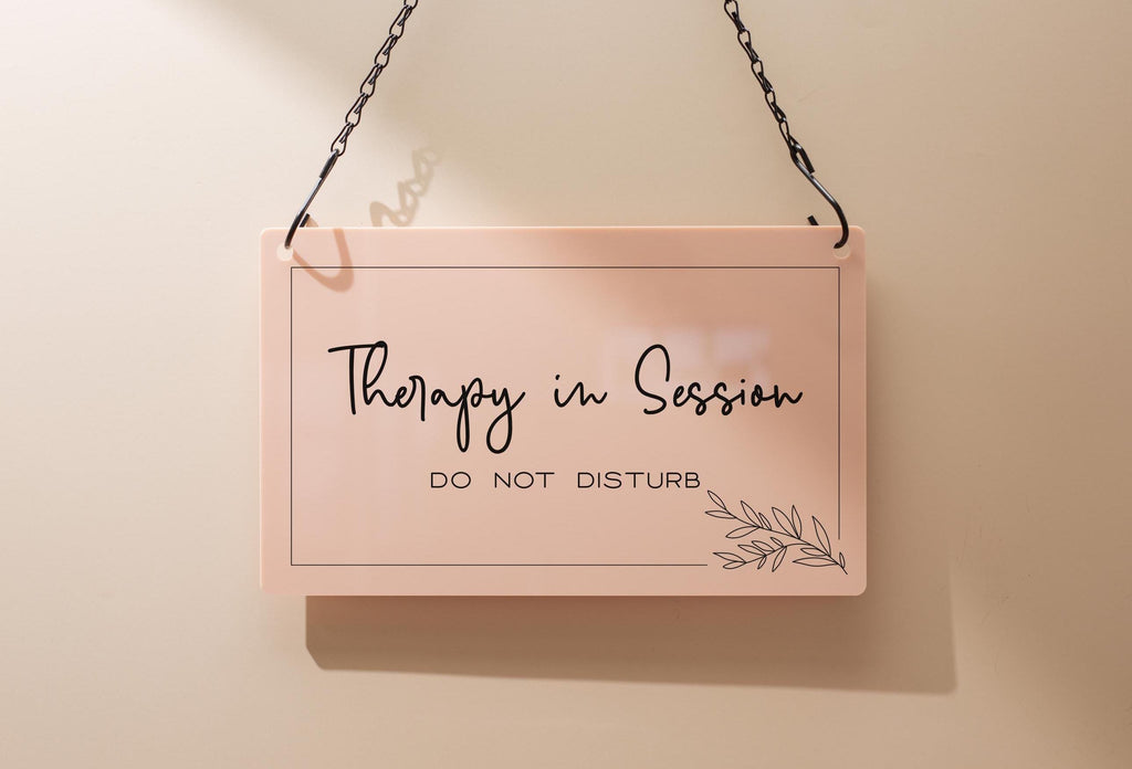 Hanging Acrylic Sign & Black Metal Chain (D7) - 11.5x7" Custom Window Office Home Business Door Wall Signage, Therapy In Session Personalize