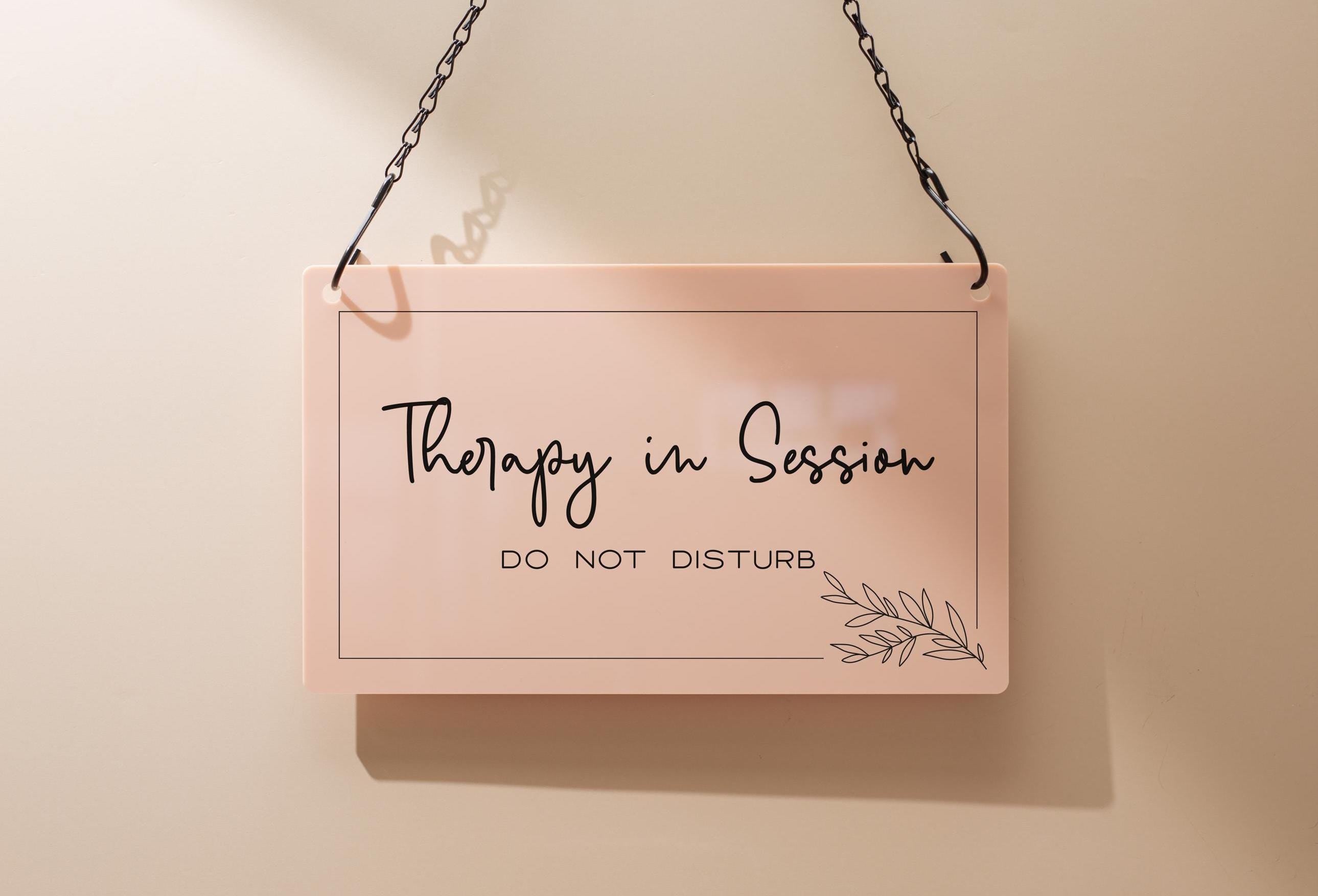 Hanging Acrylic Sign & Black Metal Chain (D7) - 11.5x7" Custom Window Office Home Business Door Wall Signage, Therapy In Session Personalize