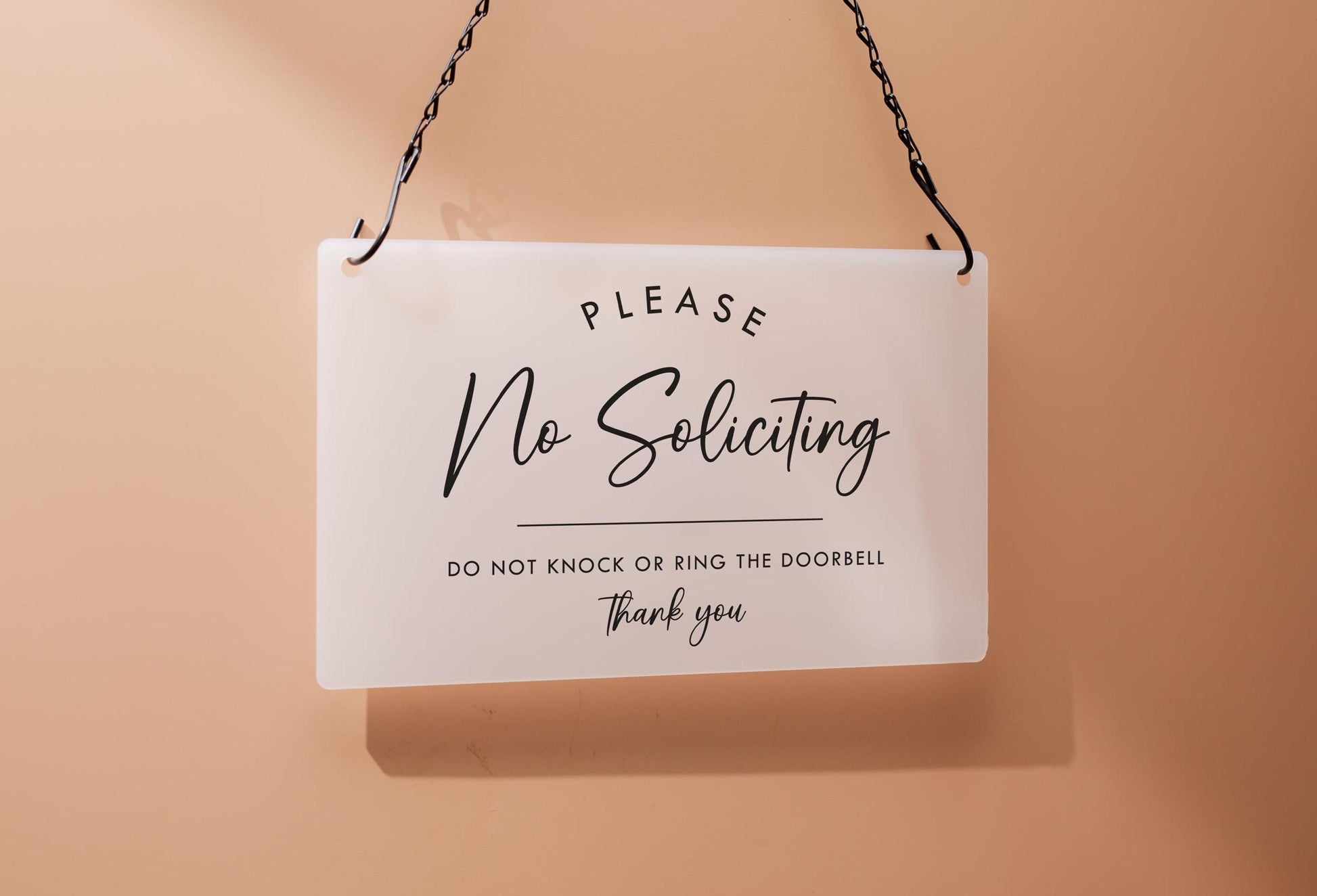 No Soliciting Hanging Acrylic Sign & Black Metal Chain - 11.5x7" Custom Window Sign, Office Home Door Signage Small Business Owner Gift