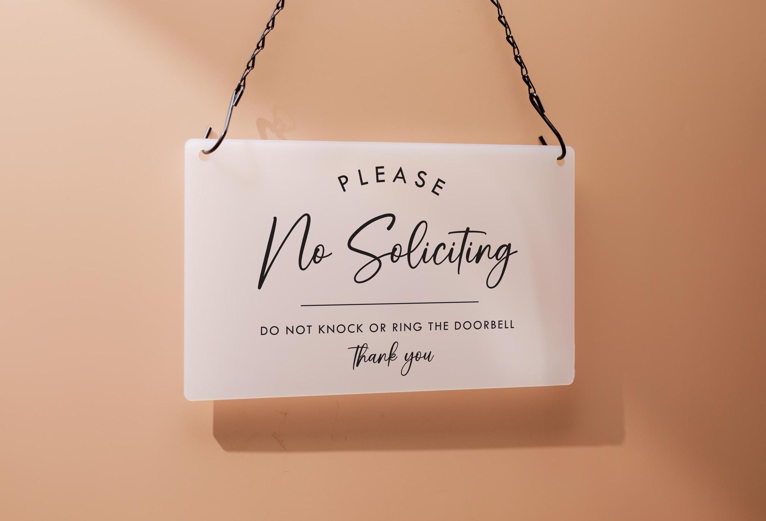 No Soliciting Hanging Acrylic Sign & Black Metal Chain - 11.5x7" Custom Window Sign, Office Home Door Signage Small Business Owner Gift