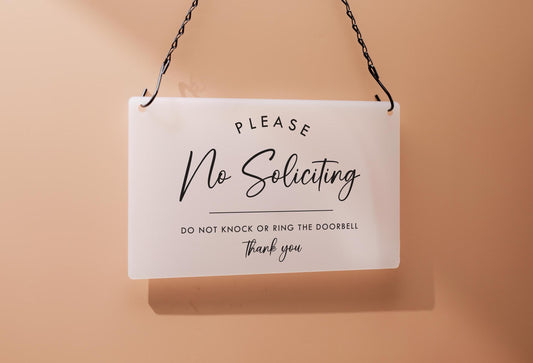 No Soliciting Hanging Acrylic Sign & Black Metal Chain - 11.5x7" Custom Window Sign, Office Home Door Signage Small Business Owner Gift