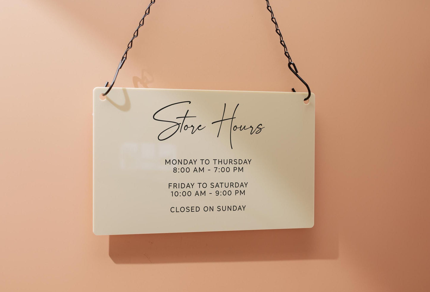 Store Hours Acrylic Sign & Black Hanging Chain- 11.5x7" Custom Signs for Office Door Small Business Hours, Spa Salon Bar Tea Coffee Shop