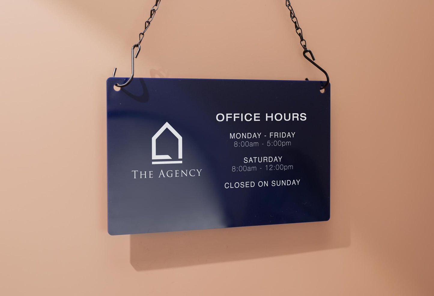 Store Hours w/ Logo Acrylic Sign & Black Hanging Chain - 11.5x7" Custom Sign for Medical Office Boutique Store Window Door Business Hours