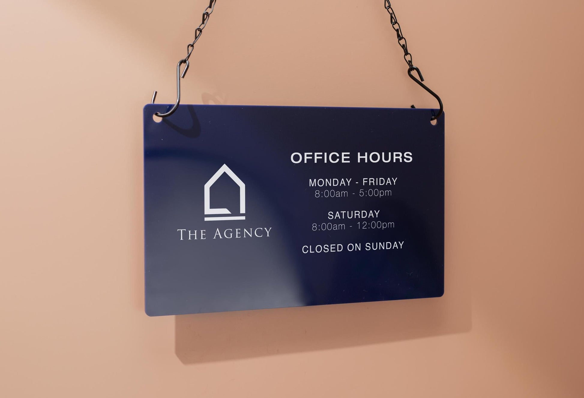 Store Hours w/ Logo Acrylic Sign & Black Hanging Chain - 11.5x7" Custom Sign for Medical Office Boutique Store Window Door Business Hours