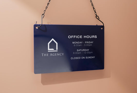 Store Hours w/ Logo Acrylic Sign & Black Hanging Chain - 11.5x7" Custom Sign for Medical Office Boutique Store Window Door Business Hours