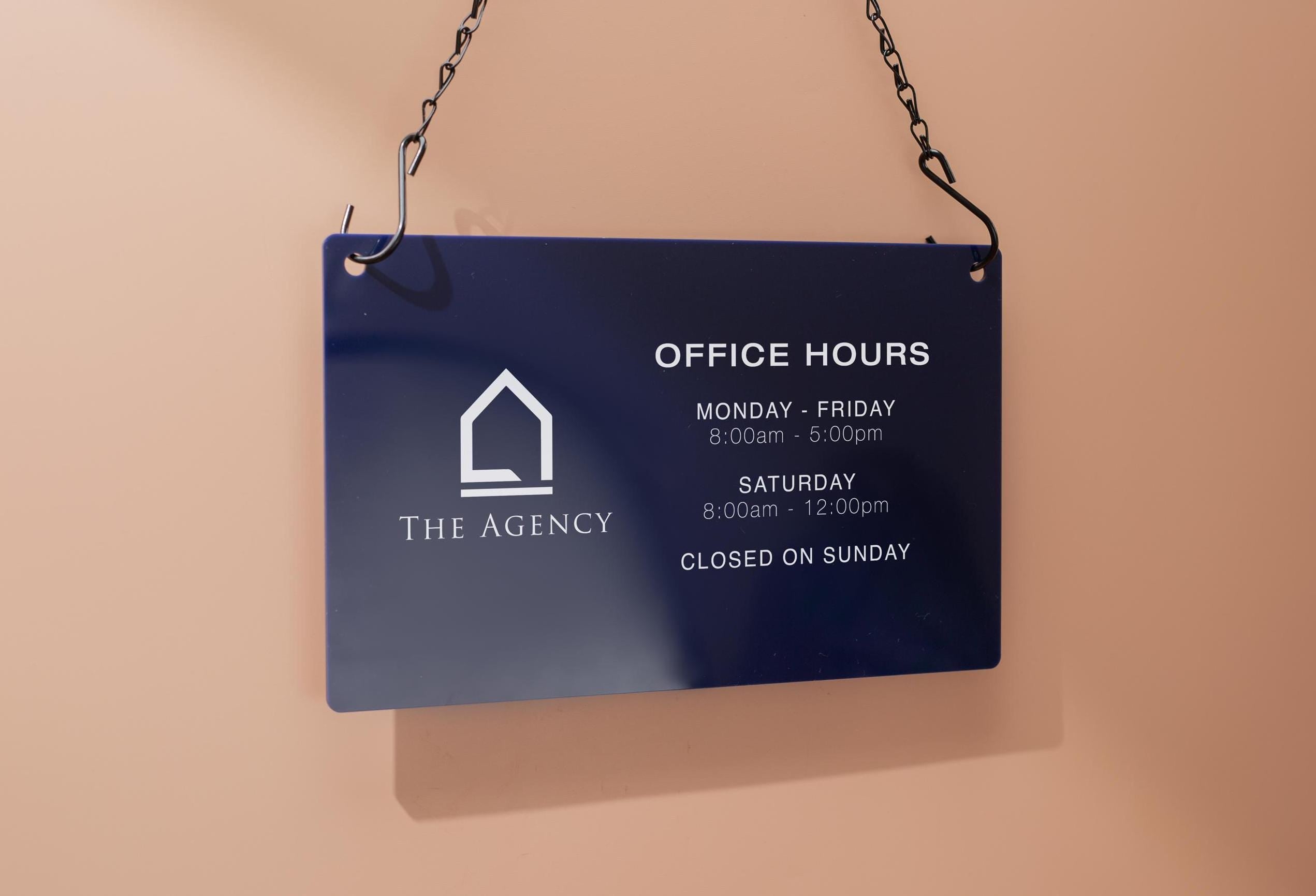 Store Hours w/ Logo Acrylic Sign & Black Hanging Chain - 11.5x7" Custom Sign for Medical Office Boutique Store Window Door Business Hours