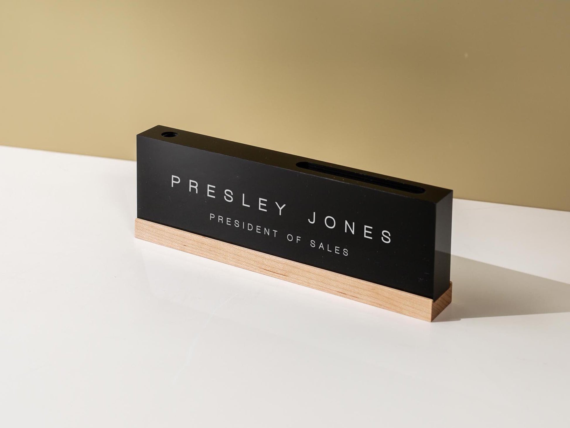 Personalized Acrylic Name Block w/ Slots (D3) - Optional Wood Base, Minimal Executive Teacher Desk Decor, New Job, Desk Name Plate