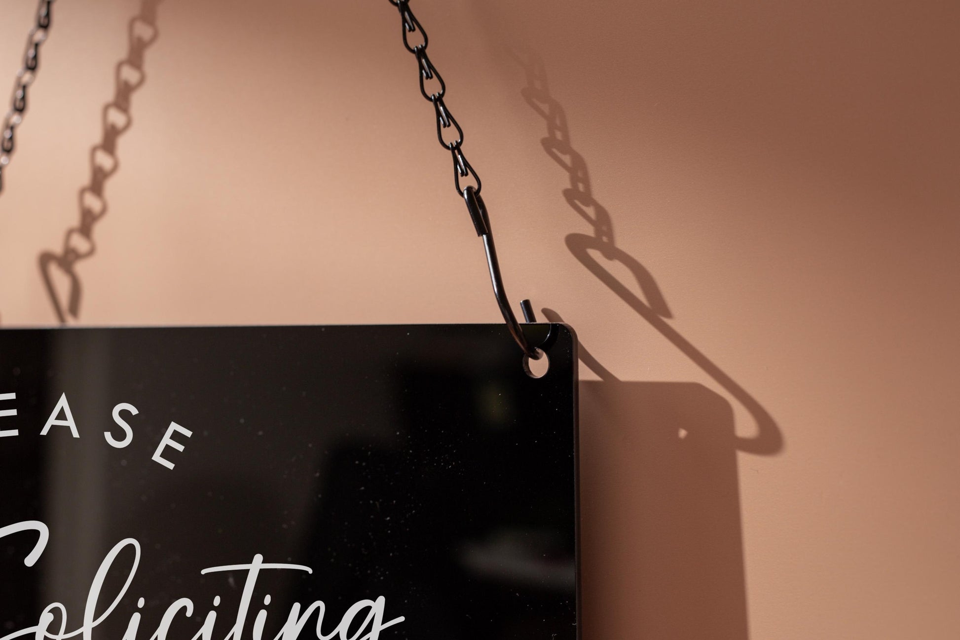 No Soliciting Hanging Acrylic Sign & Black Metal Chain - 11.5x7" Custom Window Sign, Office Home Door Signage Small Business Owner Gift