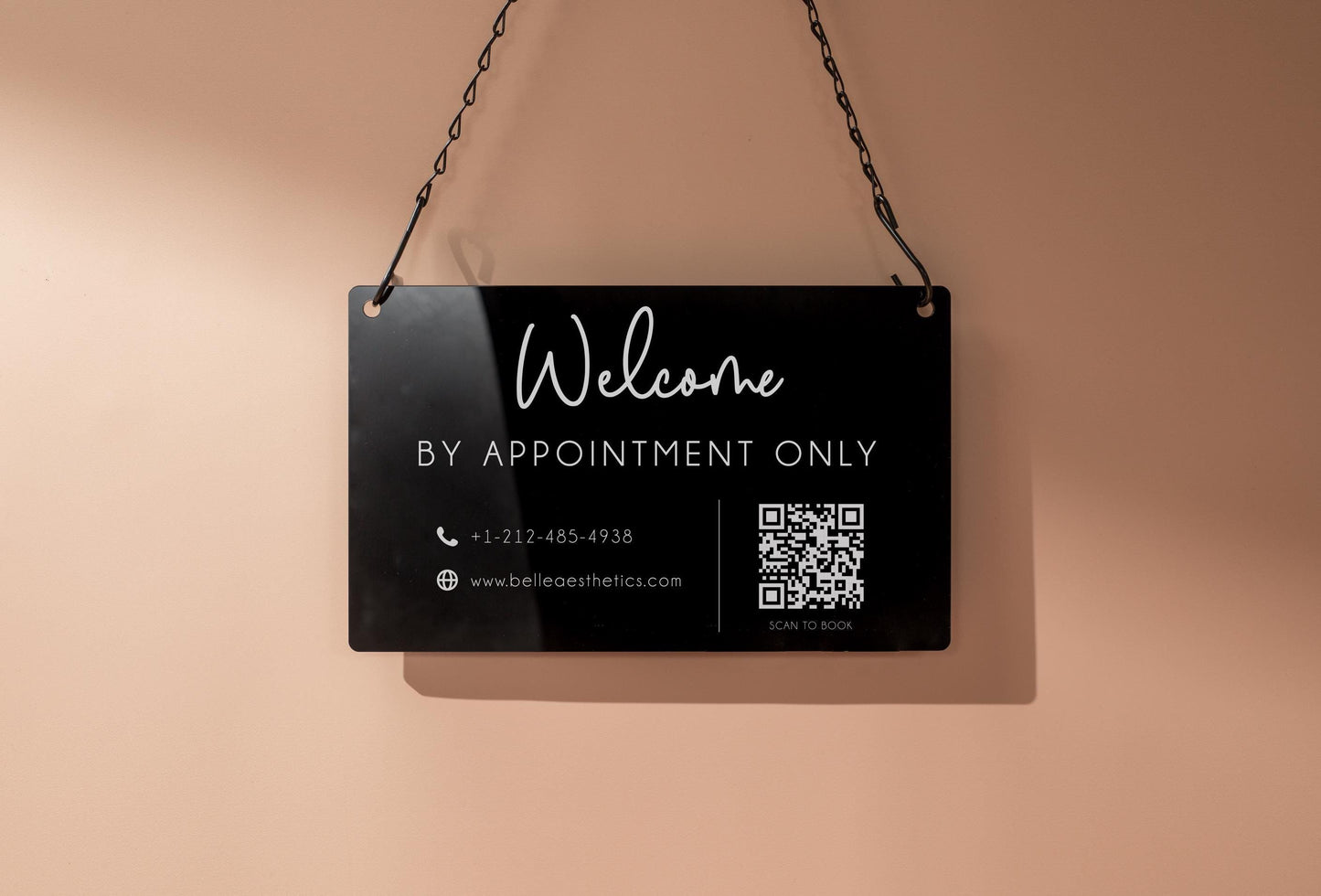 Hanging Acrylic Sign & Black Metal Chain (D12) - 11.5x7" Custom Welcome Sign Window Office Business Info Door Wall, QR Code Market Craft