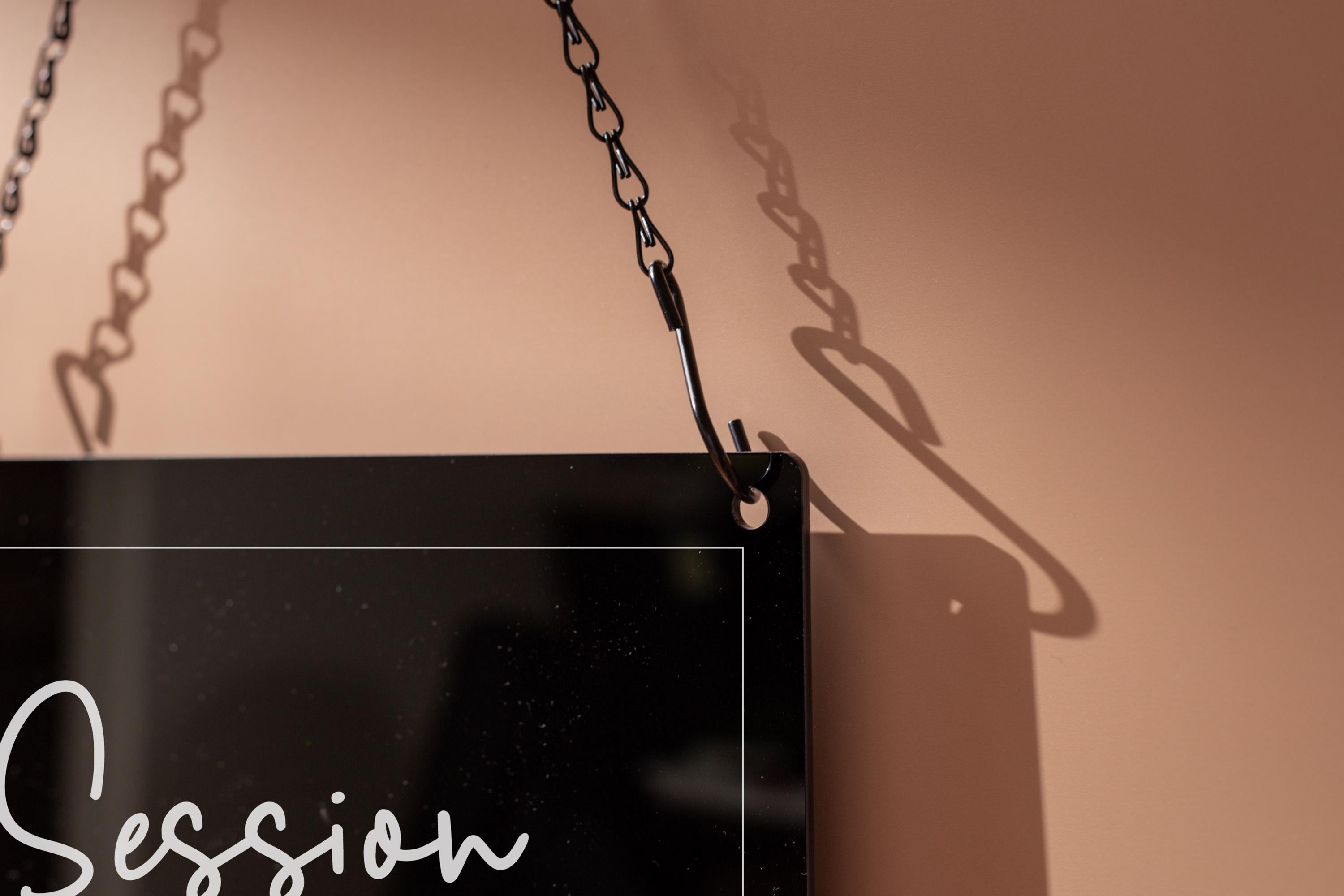 Hanging Acrylic Sign & Black Metal Chain (D7) - 11.5x7" Custom Window Office Home Business Door Wall Signage, Therapy In Session Personalize