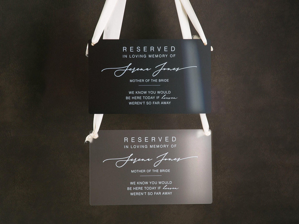 Reserved Hanging Acrylic Sign with Ribbon - Black or Frosted 11.5x7" Sign, In Loving Memory Sign for Wedding Chair Aisle, Memory Table Sign