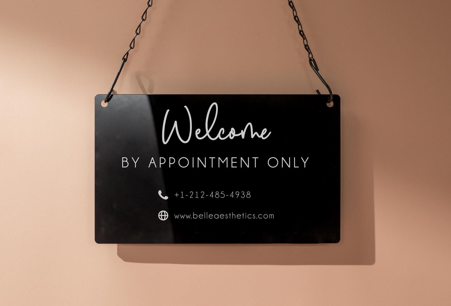 Hanging Acrylic Sign & Black Metal Chain (D11) - 11.5x7" Custom Window Office Home Business Door Wall Signage, Welcome Store Open Closed