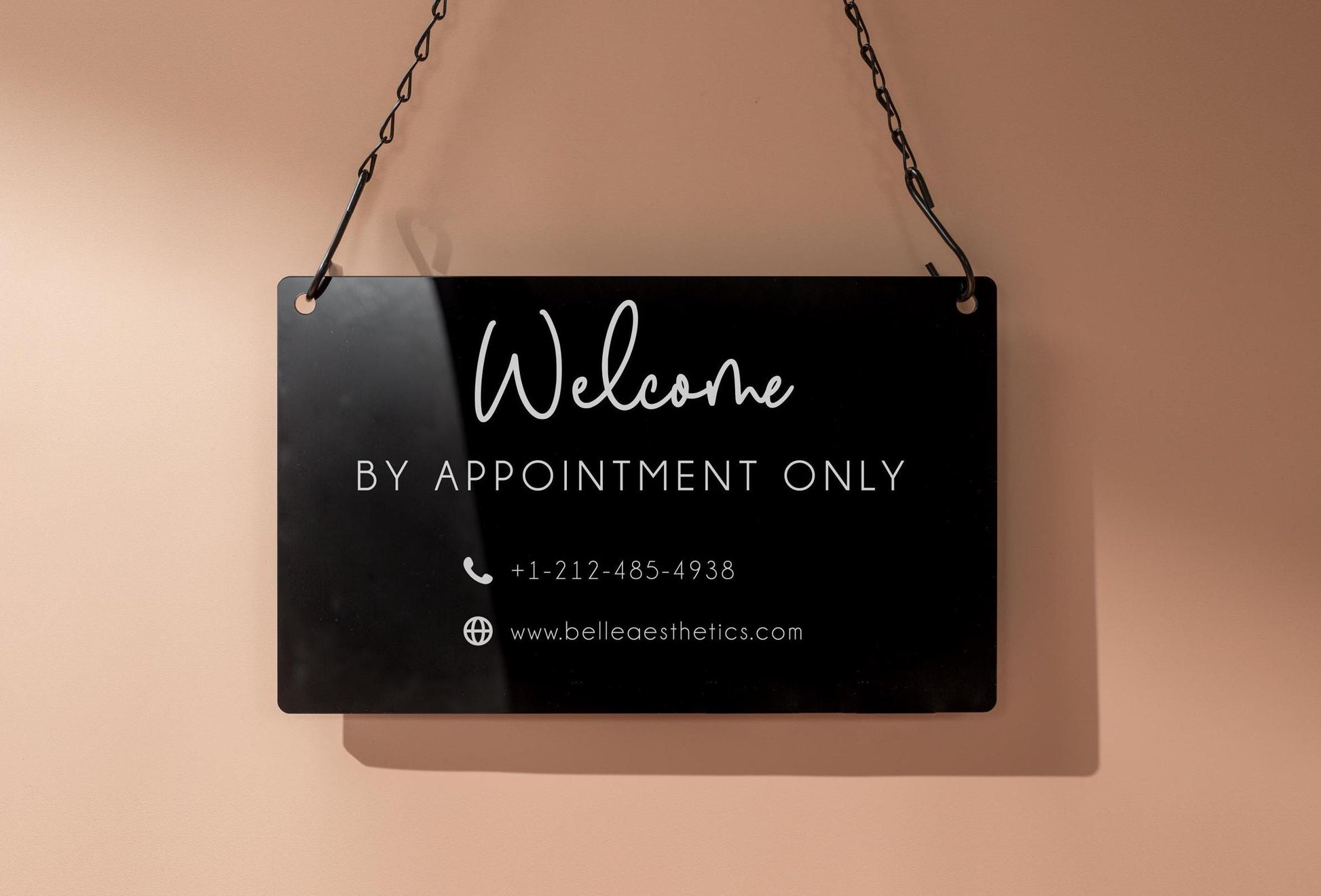 Hanging Acrylic Sign & Black Metal Chain (D11) - 11.5x7" Custom Window Office Home Business Door Wall Signage, Welcome Store Open Closed