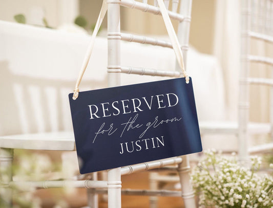 Reserved Hanging Acrylic Sign with Ribbon (D7) - 11.5x7" Reserved Seat Sign for the Groom with Name, Wedding Ceremony Reception Chair Sign