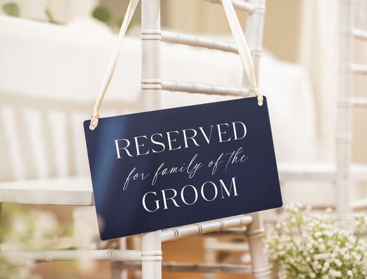 Reserved Hanging Acrylic Sign with Ribbon (D2) - 11.5x7" Reserved Seat Sign for Family of the Groom, Wedding Ceremony Reception Chair Sign