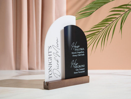 Half Arch Double Acrylic Sign w/ Walnut Wood Base - Dessert Bar for Weddings Birthdays Events, Personalized Show Menu, Custom Party Signage
