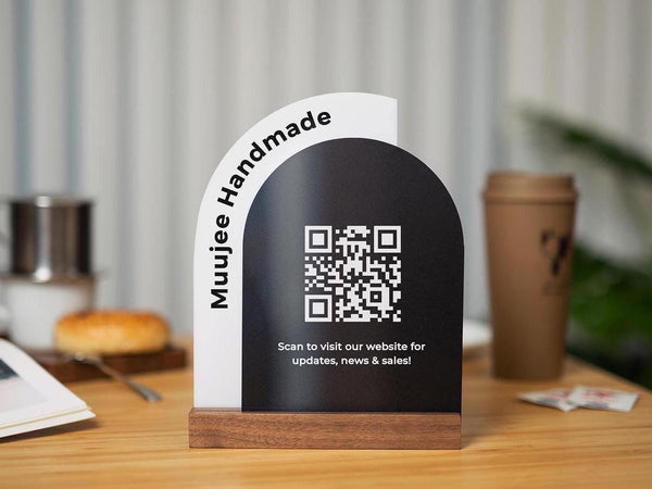Full Arch Double Acrylic Sign w/ Maple Base (QR Code D1) - Scannable Scan to Pay Signage, Business Website Social Media Venmo Craft Shows