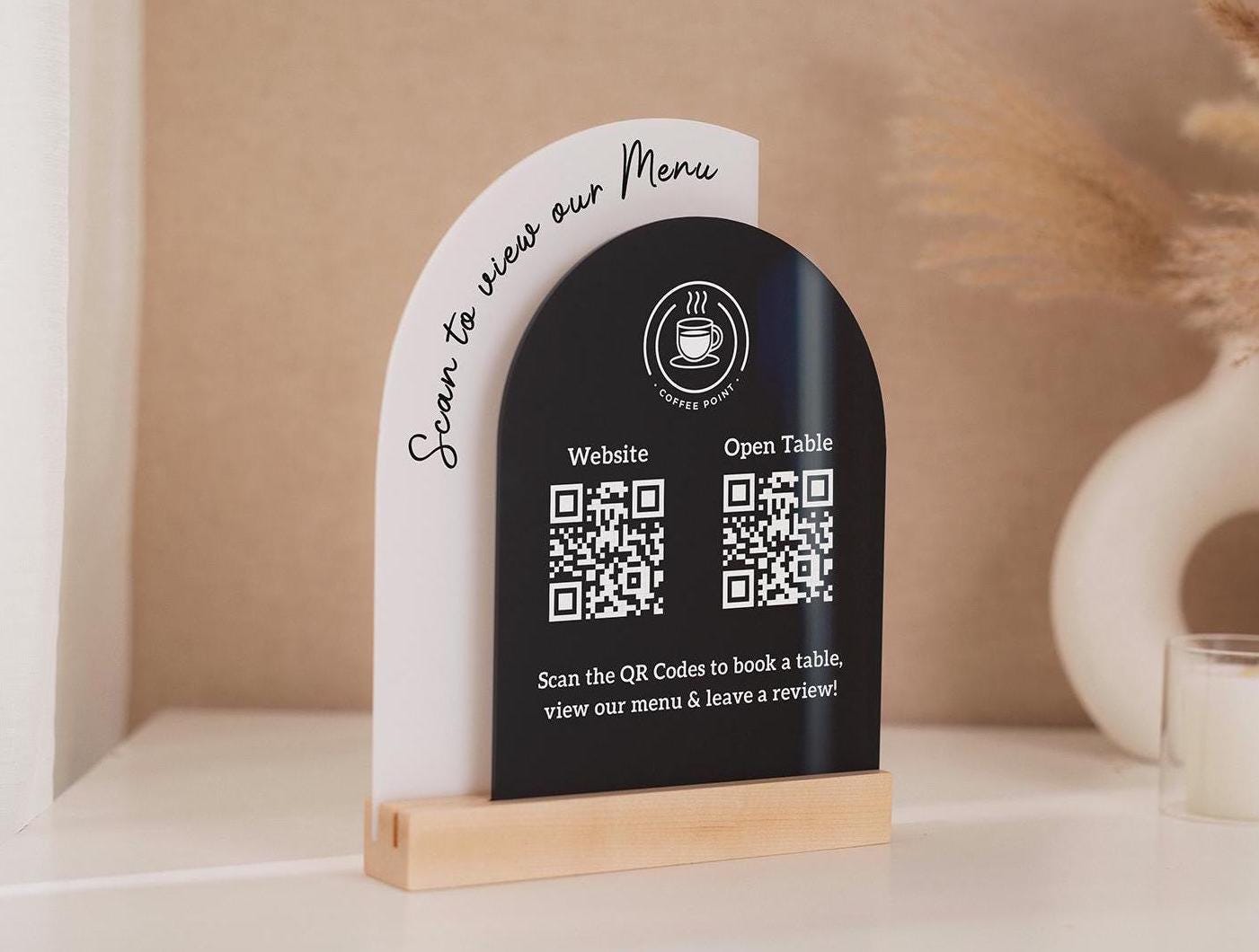 Full Arch Double Acrylic Sign (2 QR Codes w/ Logo) - Scannable Scan to Pay Table Market Signs Business Website Social Media Venmo (Design3)