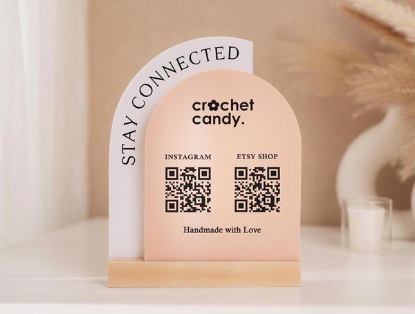 Full Arch Double Acrylic Sign (2 QR Codes w/ Logo) - Scannable Scan to Pay Table Market Signs Business Website Social Media Venmo (Design1)