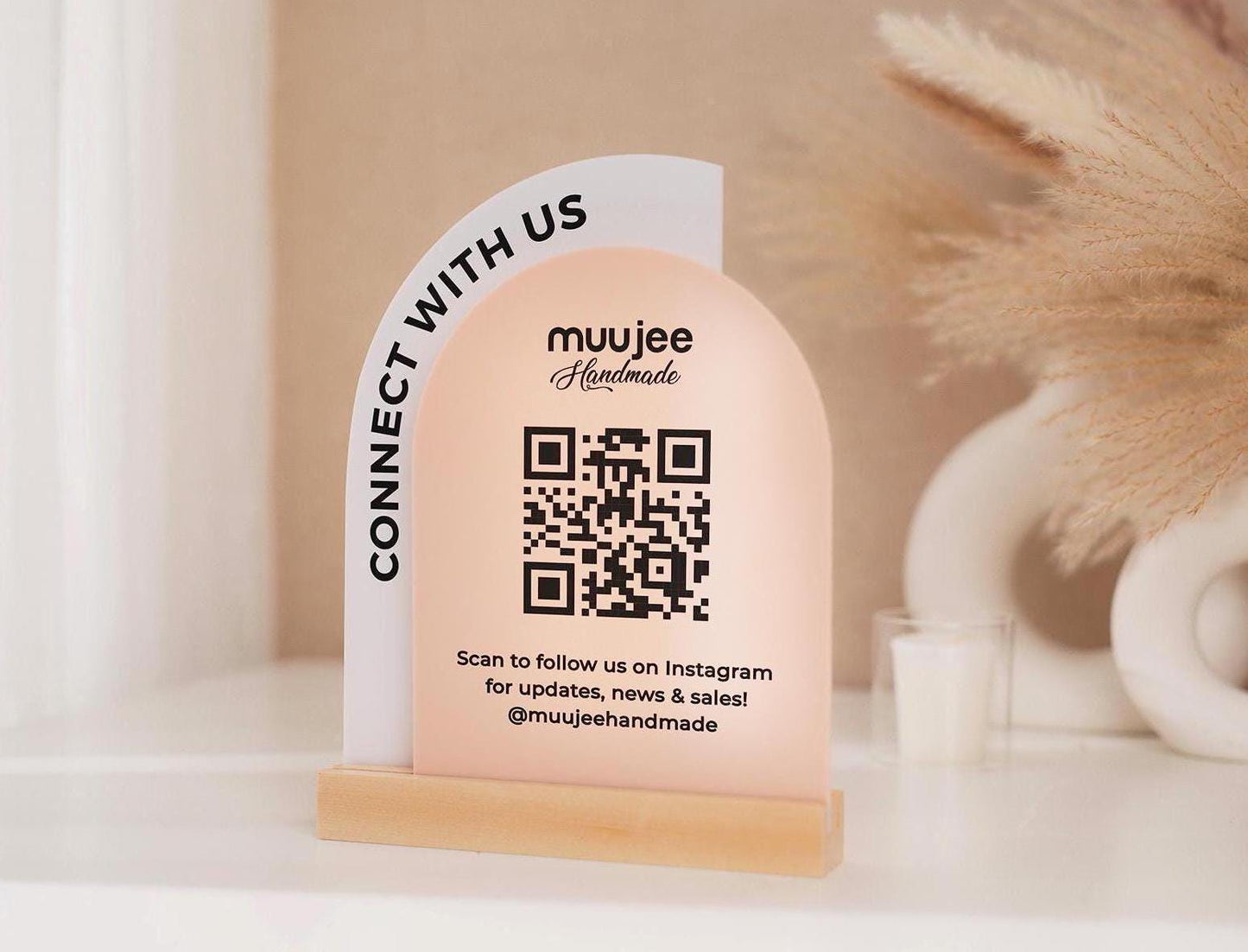 Full Arch Double Acrylic Sign w/ Maple Base (QR Code D2) - Scannable Scan to Pay Signage, Business Website Social Media Venmo Craft Shows