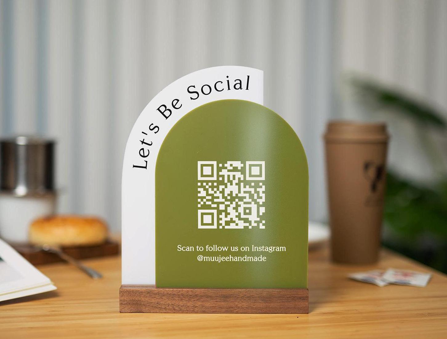 Full Arch Double Acrylic Sign w/ Walnut Base (QR Code D1) - Scannable Scan to Pay Signage, Business Website Social Media Venmo Craft Shows