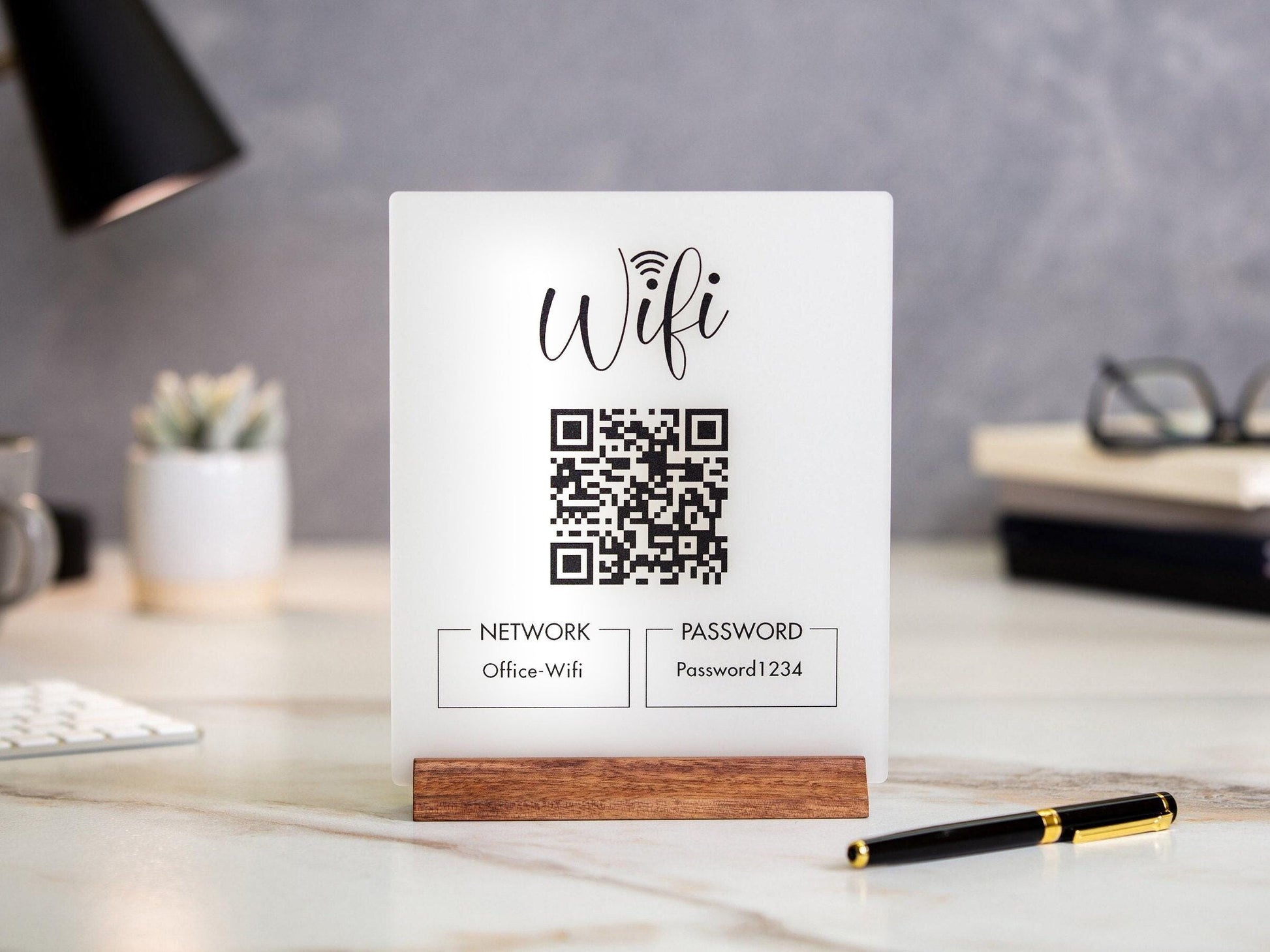 QR Code Wifi Acrylic Sign w/ Wood Base - 6.5 x 7.75" Table Sign for Home & Airbnb Rental, Small Business Nail Salon Restaurant Bar Signage