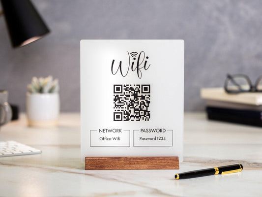 QR Code Wifi Acrylic Sign w/ Wood Base - 6.5 x 7.75" Table Sign for Home & Airbnb Rental, Small Business Nail Salon Restaurant Bar Signage