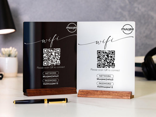QR Code Logo Wifi Acrylic Sign w/ Wood Base - 6x7.75" Table Sign for Home & Airbnb Rental, Sign for Small Business Salon Restaurants Bar