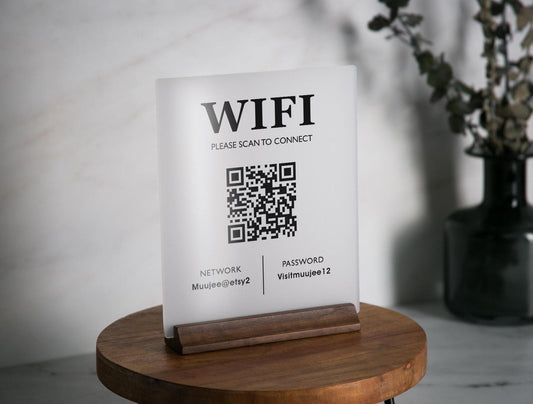 QR Code Wifi Acrylic Sign w/ Wood Base - 6x7.75" Table Sign for Home & Airbnb Rental, Sign for Small Business Office Signage, Salon Spa Wifi