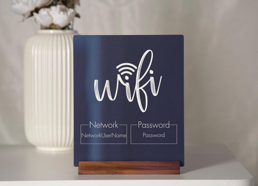 Wifi Password Acrylic Sign w/ Wood Base - 6.5 x 7.75" Standing Table Sign for Home & Airbnb Rental, Small Business Sign