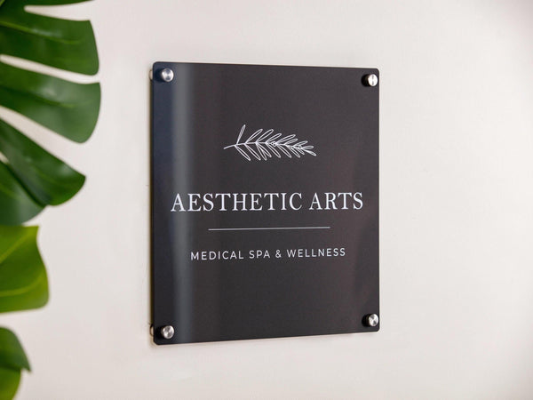 Black Acrylic Square Business Logo Sign w/ Metal Stand Offs - Custom Sign Personalized Beauty Spa Sign Small Business Office Door Name Plate