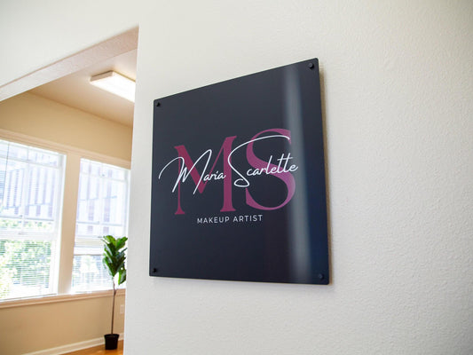 Black Square Wall Sign With 4 Holes - Custom Small Business Logo Sign for Beauty Salon Owners, Hair Nail Stylist Makeup Massage Skincare