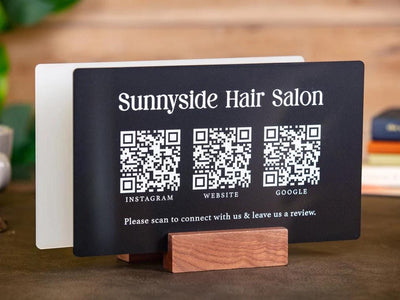 3 QR Codes Business Sign w/ Wood Stand - 11.5x7" Scannable Acrylic Instagram Tiktok Website Business Salon Restaurant Bar Reviews Tips Sign