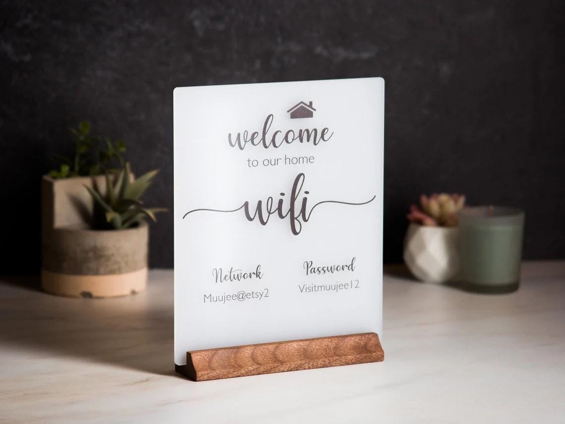 Wifi Acrylic Sign w/ Wood Base - 6.5 x 7.75" Ice or Black Table Sign for Home & Airbnb Rental, Office Small Business Salons Restaurants Bar